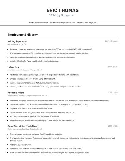 Welding Supervisor Resume