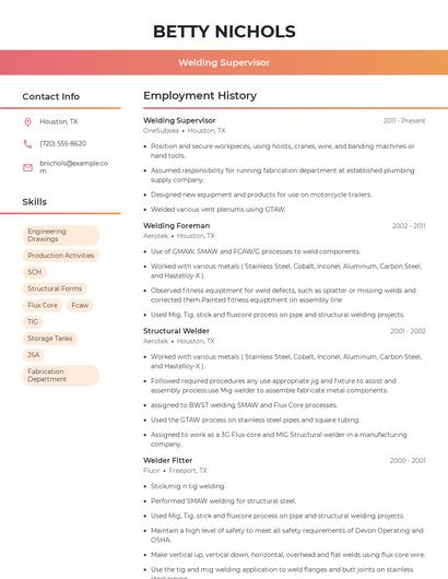 Welding Supervisor Resume