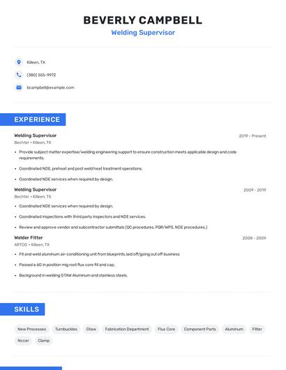 Welding Supervisor Resume