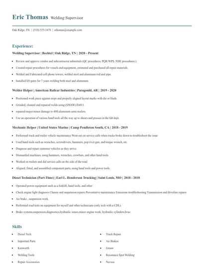 Welding Supervisor Resume
