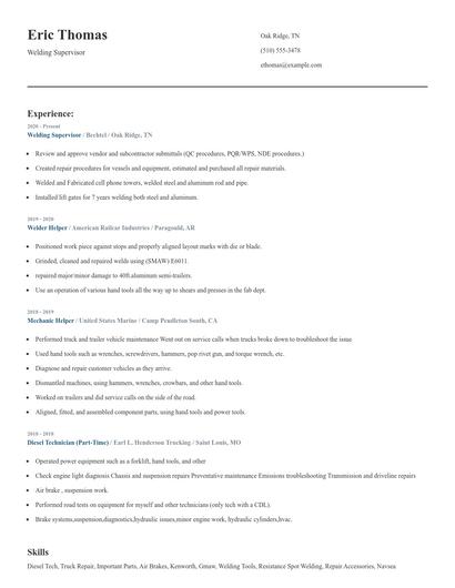 Welding Supervisor Resume