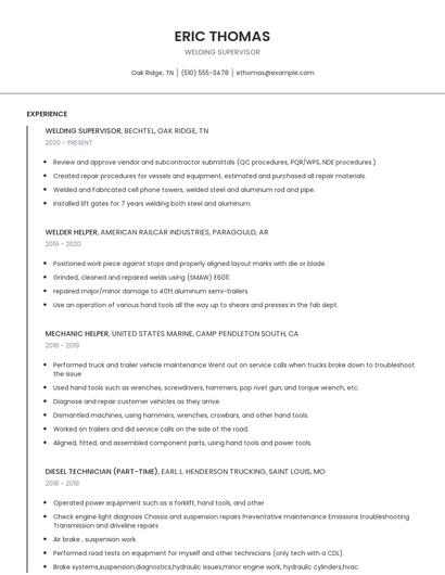 Welding Supervisor Resume