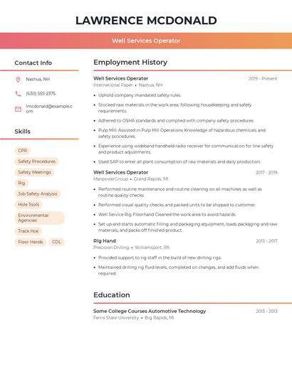Well Services Operator Resume