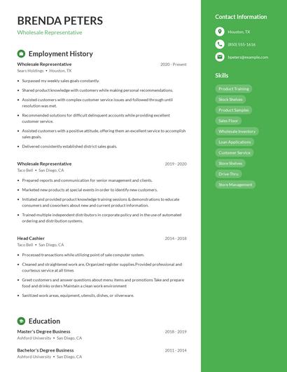 Wholesale Representative Resume