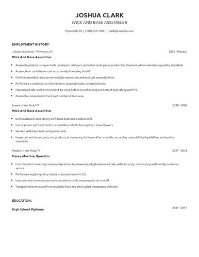 Wick And Base Assembler Resume