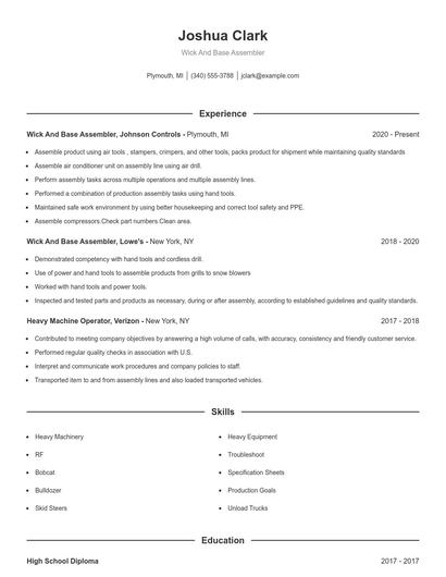 Wick And Base Assembler Resume