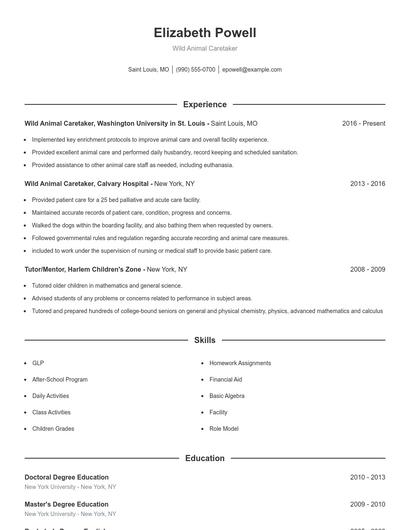 Wild Animal Caretaker Resume