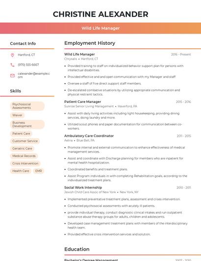 Wild Life Manager Resume
