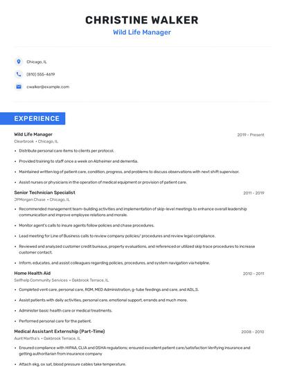Wild Life Manager Resume