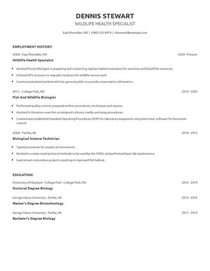 Wildlife Health Specialist Resume