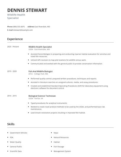 Wildlife Health Specialist Resume