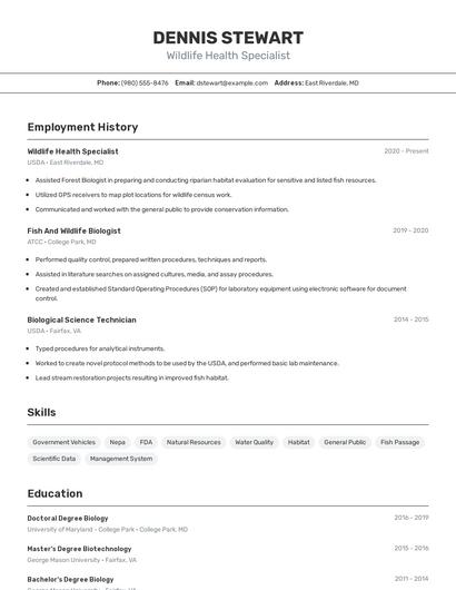 Wildlife Health Specialist Resume