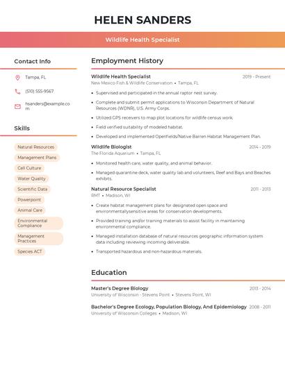 Wildlife Health Specialist Resume