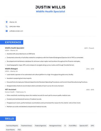 Wildlife Health Specialist Resume