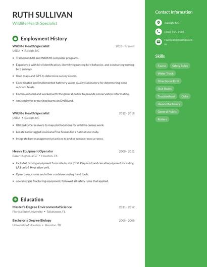Wildlife Health Specialist Resume