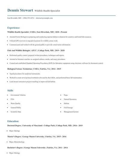 Wildlife Health Specialist Resume