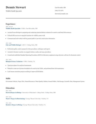 Wildlife Health Specialist Resume