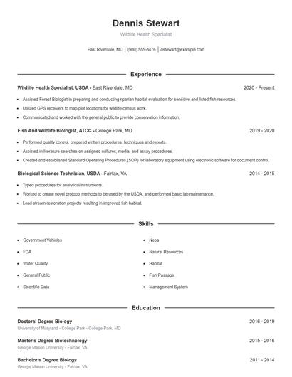Wildlife Health Specialist Resume