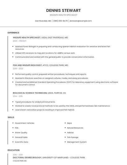 Wildlife Health Specialist Resume