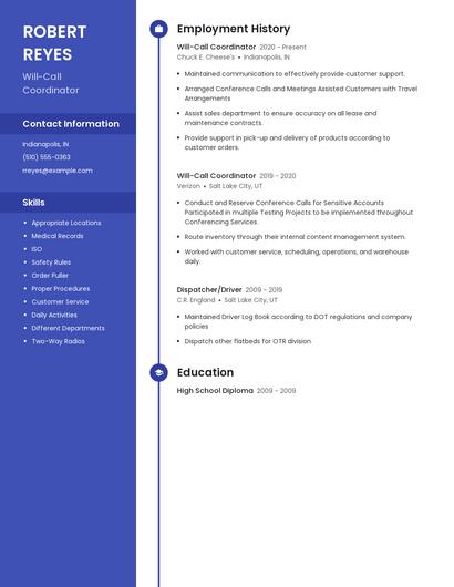 Will-Call Coordinator Resume