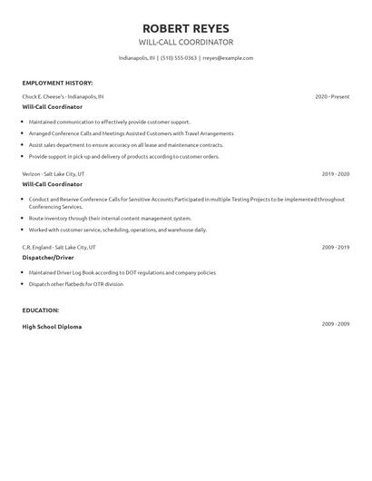 Will-Call Coordinator Resume