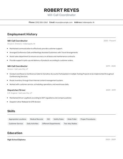 Will-Call Coordinator Resume