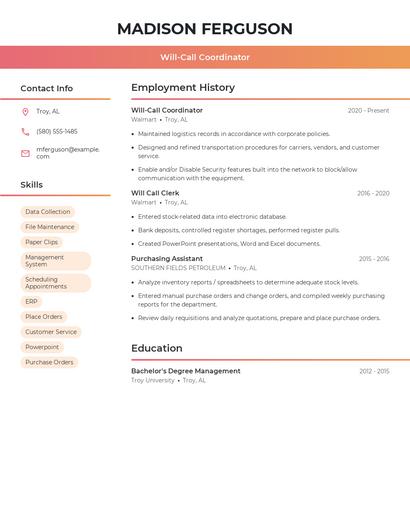 Will-Call Coordinator Resume