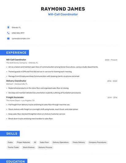 Will-Call Coordinator Resume