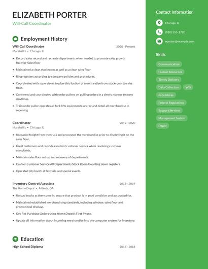 Will-Call Coordinator Resume