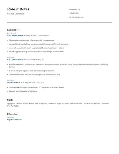 Will-Call Coordinator Resume