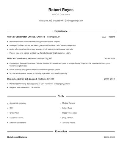 Will-Call Coordinator Resume