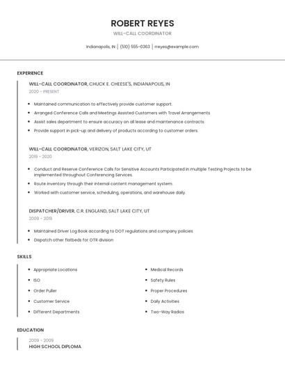 Will-Call Coordinator Resume