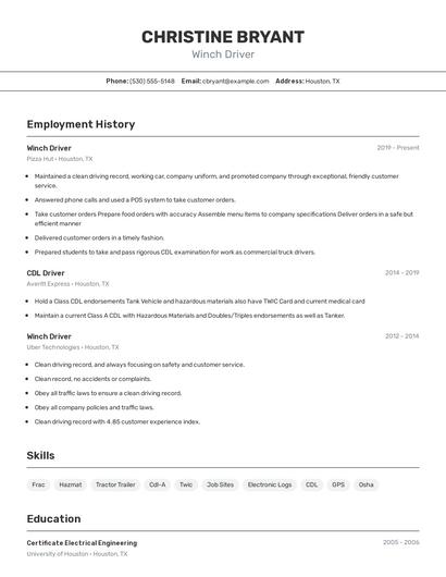 Winch Driver Resume