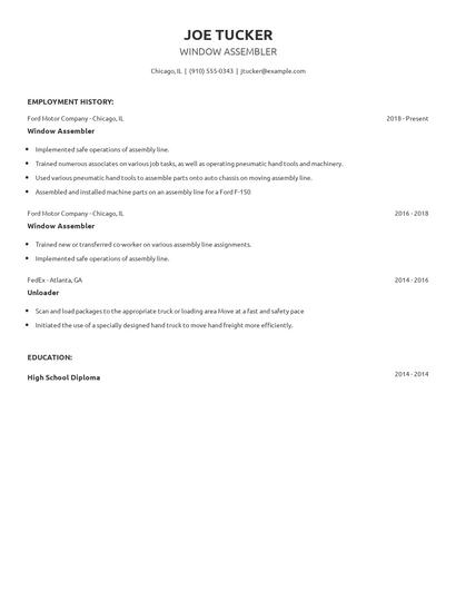 Window Assembler Resume