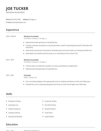 Window Assembler Resume