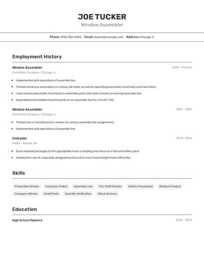 Window Assembler Resume