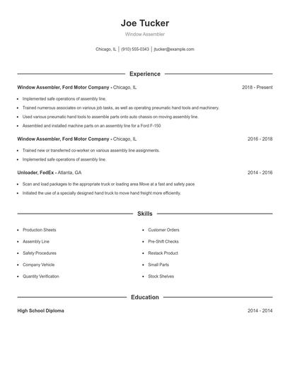 Window Assembler Resume