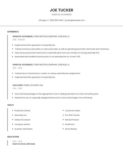 Window Assembler Resume
