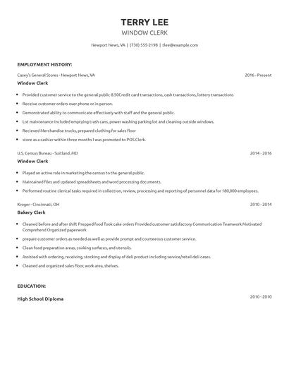 Window Clerk Resume