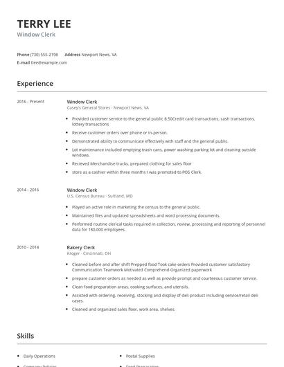 Window Clerk Resume