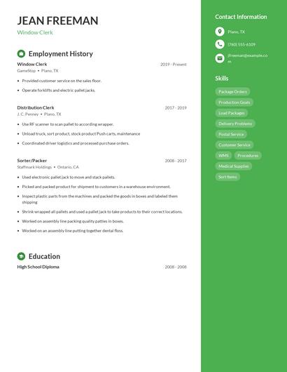 Window Clerk Resume