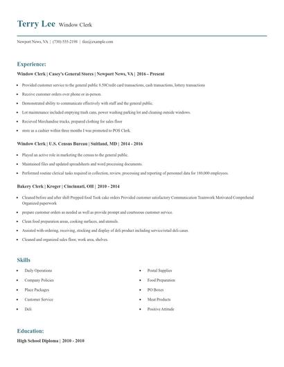 Window Clerk Resume