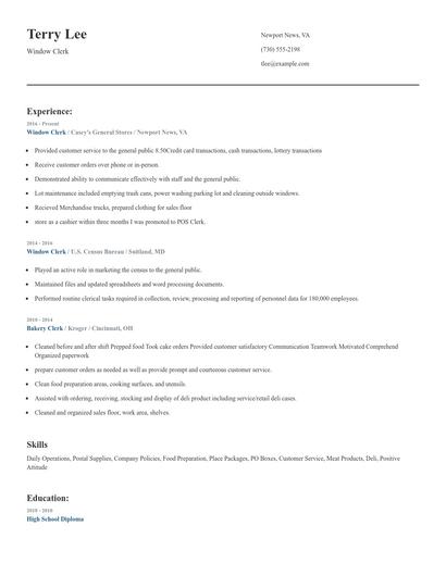 Window Clerk Resume