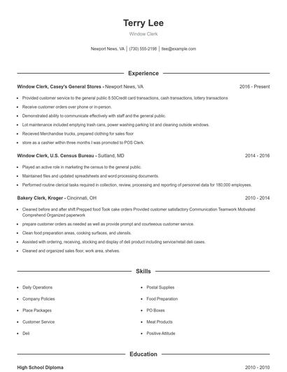 Window Clerk Resume