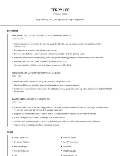 Window Clerk Resume