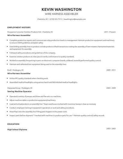 Wire Harness Assembler Resume