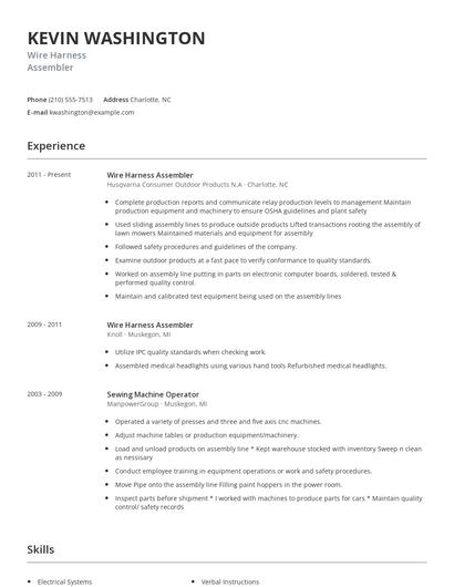 Wire Harness Assembler Resume