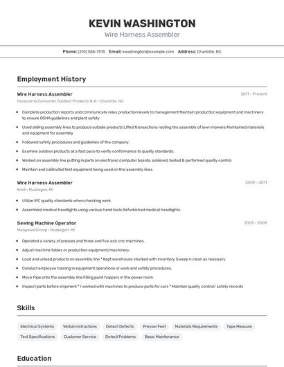 Wire Harness Assembler Resume