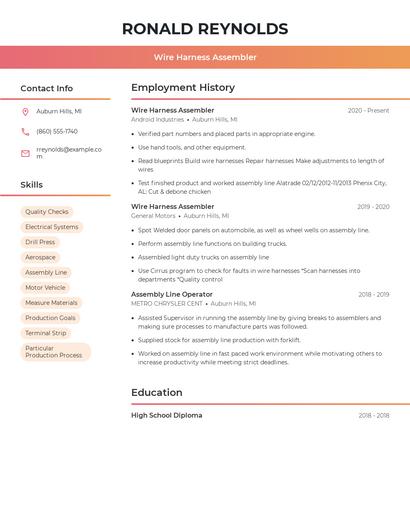 Wire Harness Assembler Resume