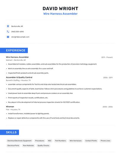 Wire Harness Assembler Resume